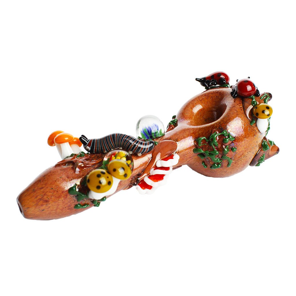 Bug's Life Large Hand Pipe Spoon with Shroom and Caterpillar from Empire Glassworks