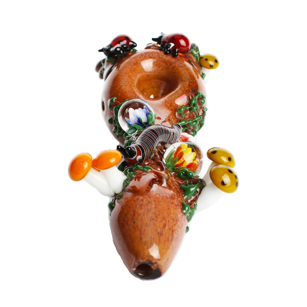 Bug's Life Large Hand Pipe Spoon with Shroom and Caterpillar from Empire Glassworks
