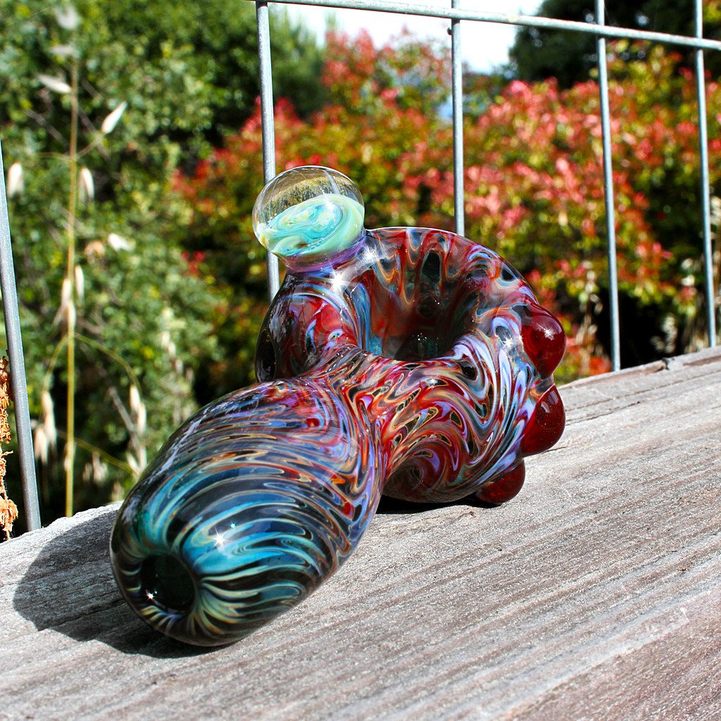 Red and Blue Galaxy Spoon Hand Pipe with Marble Accent 